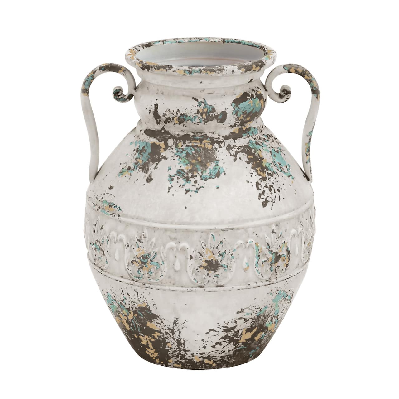 White Metal Vintage Vase, 15&#x22; x 12&#x22; x 12&#x22;